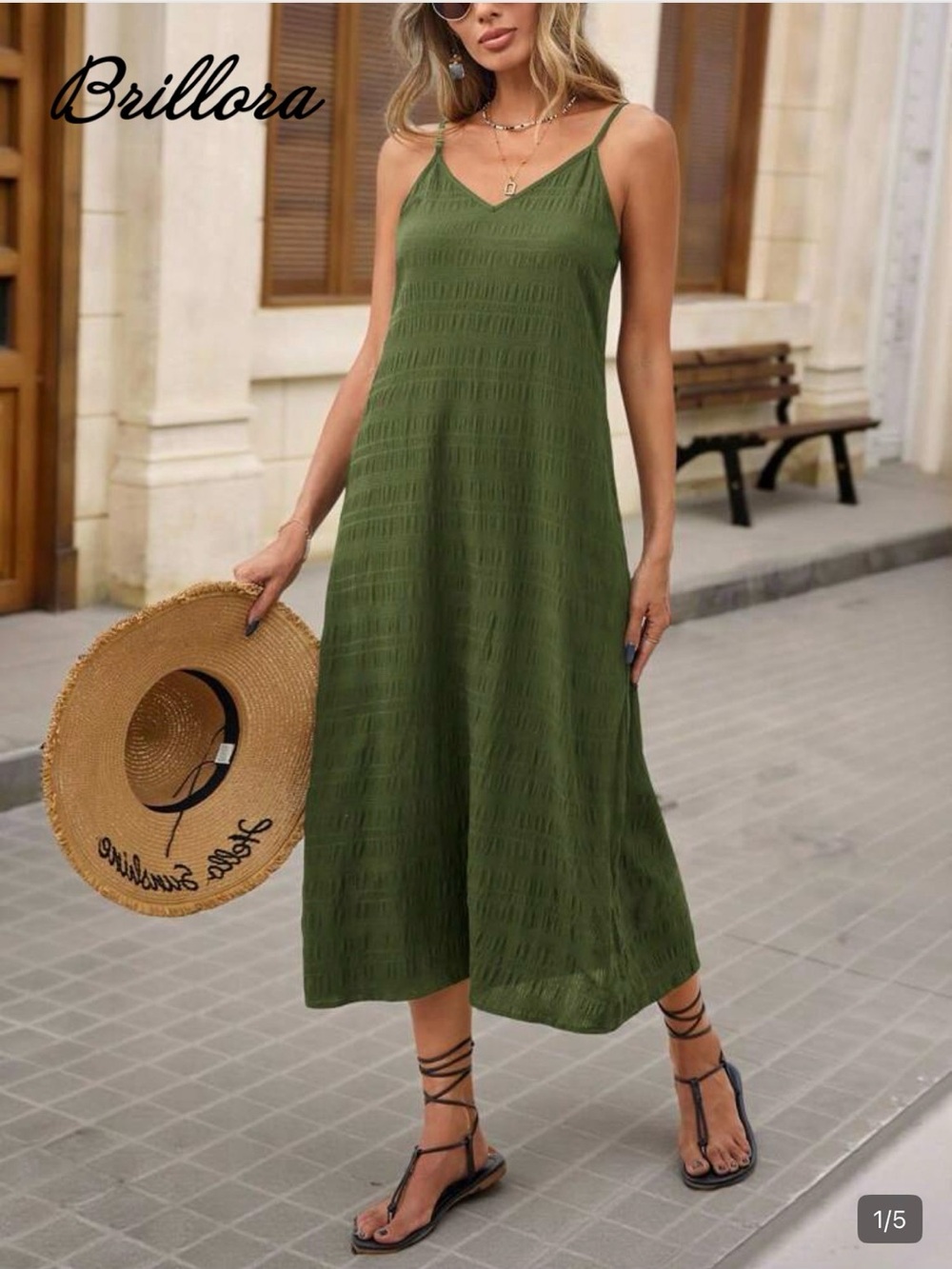 Olive Green V-Neck Spaghetti Strap Dress